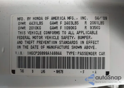 2009 Honda Accord 2.4 Ex-L z USA, uszkodzony, nr VIN 1HGCP26899A146844